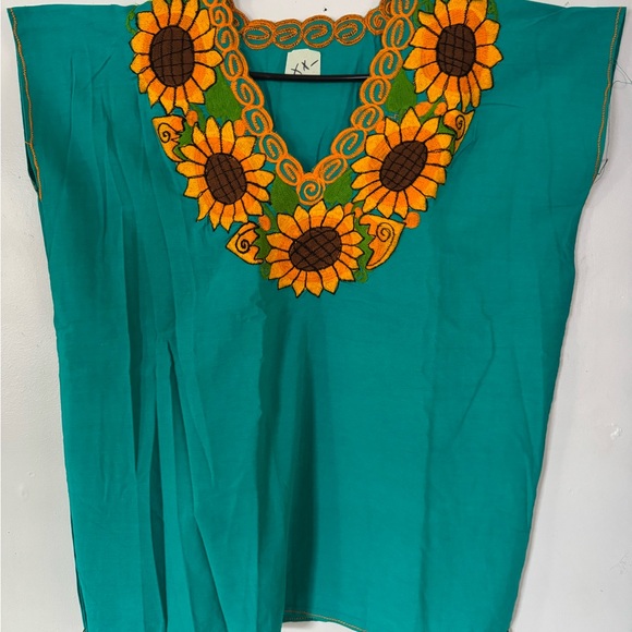 Tops - NWOT- Artesanal Sunflower Embroidered Teal Top
